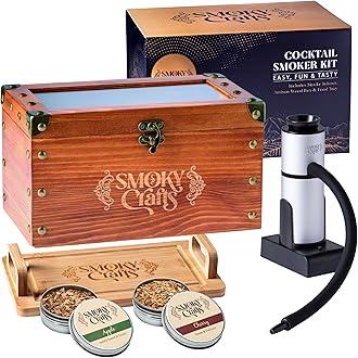 Old Fashioned Smoker Kit - Whiskey Smoker Kit with Smoking Gun, Cocktail Smoke Box, Food Tray and Wood Chips (Apple & Cherry) - Bourbon Gifts for Men