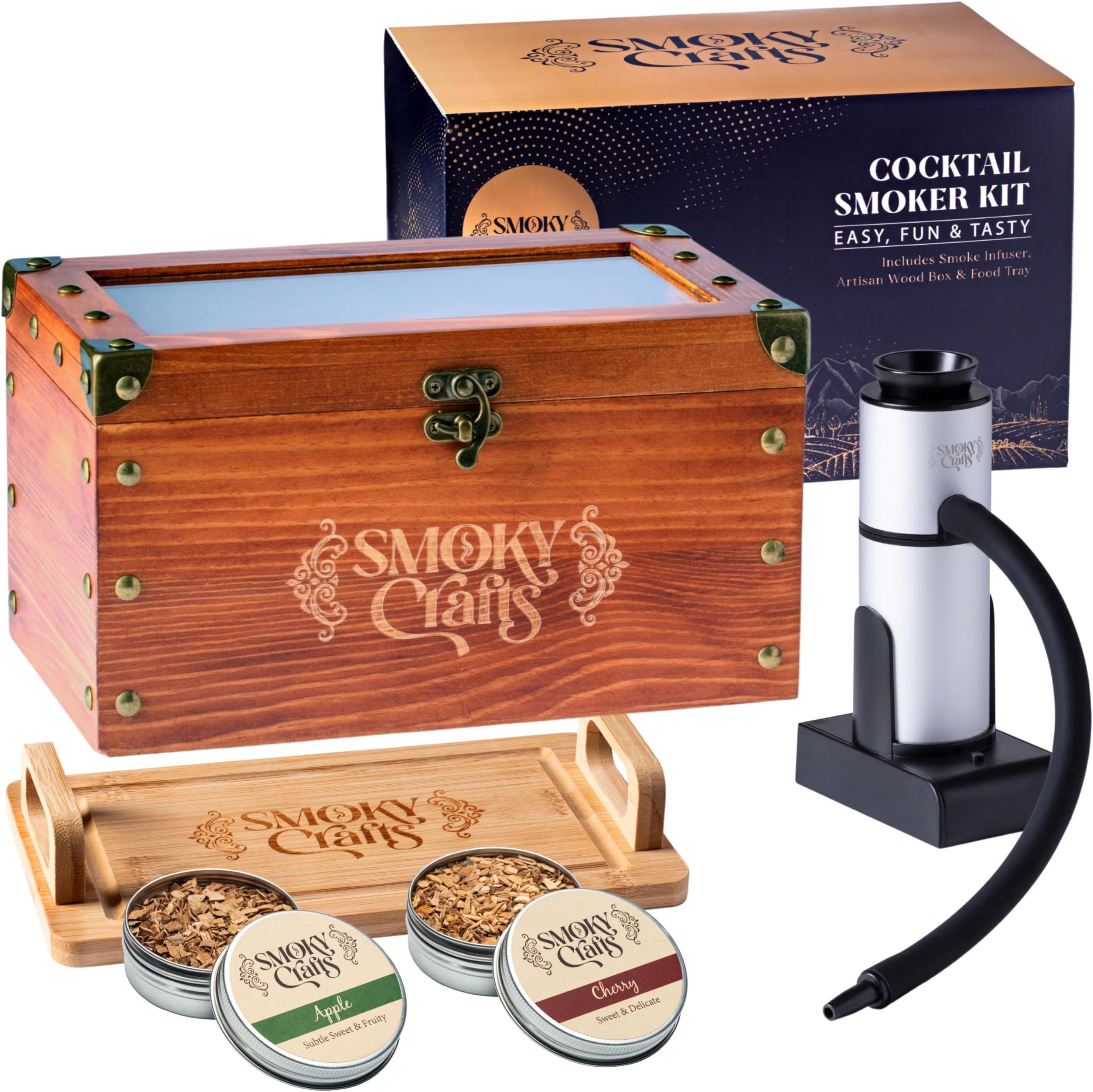 Smoky Crafts Whiskey Smoker Kit with Updated Smoke Gun, Cocktail Smoke Box, Food Tray and Wood Chips (Apple & Cherry) - Old Fashioned Smoker Kit