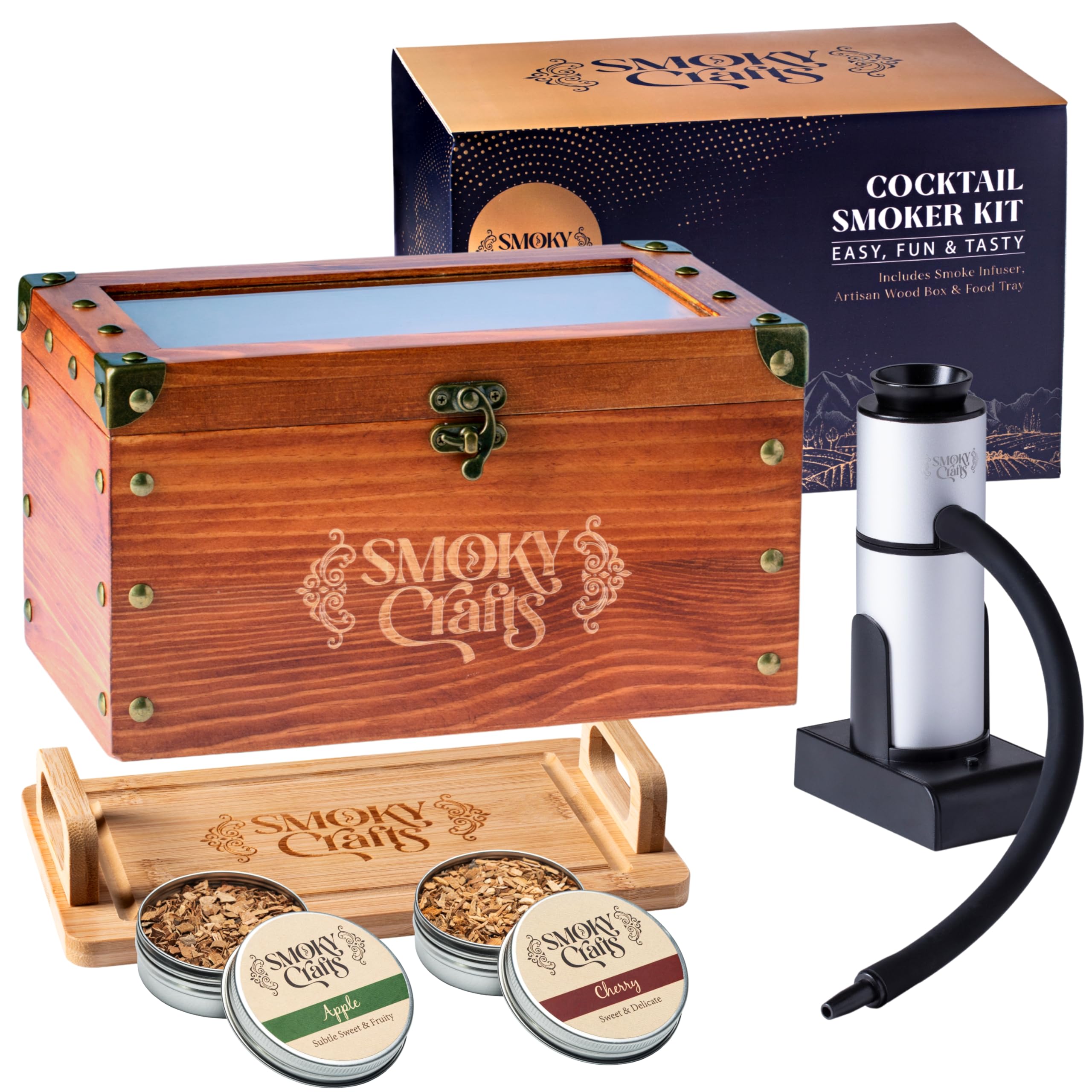Old Fashioned Smoker Kit - Whiskey Smoker Kit with Smoking Gun, Cocktail Smoke Box, Food Tray and Wood Chips (Apple & Cherry) - Bourbon Gifts for Men