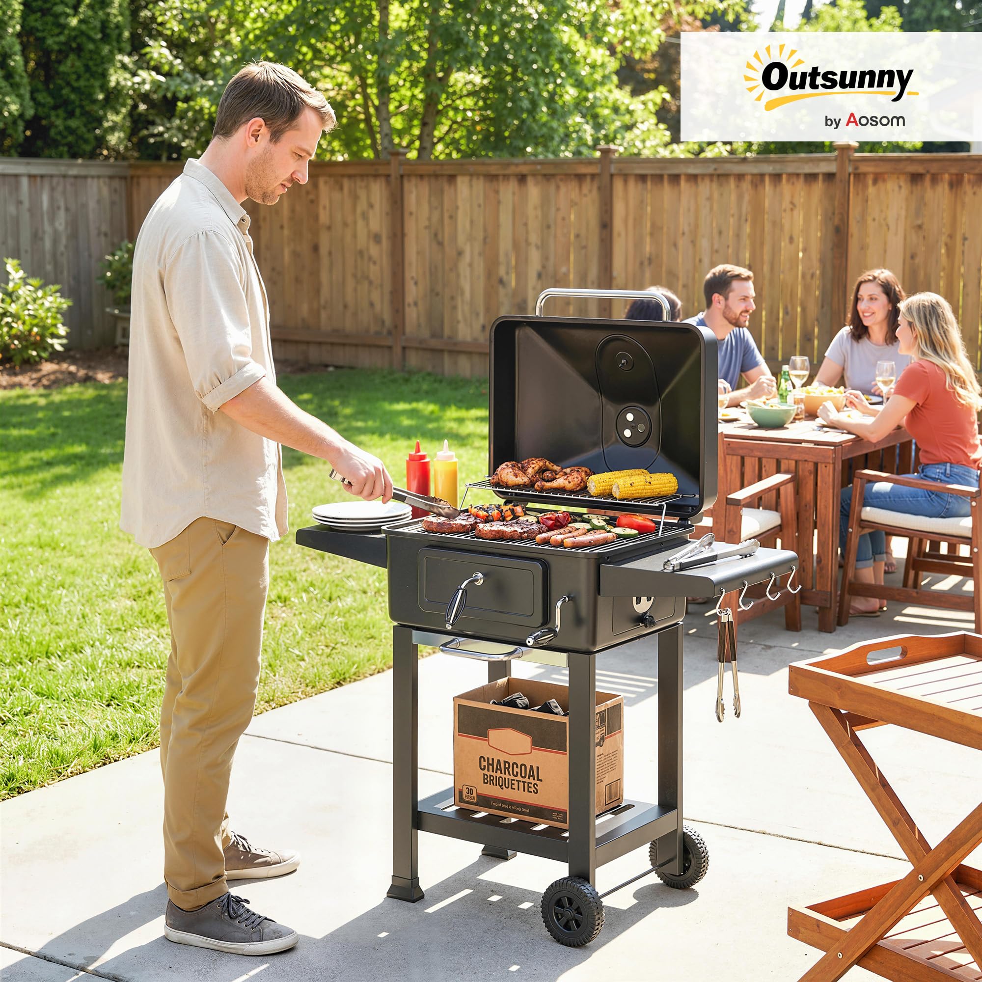 Outsunny Barbecue Charbon de Bois XXL 112cm, Couvercle Fumoir à 600°C, Noir | Thermomètre, Chariot Grill de Jardin, Bac à Charbon, Évents Ajustables, Porte de Ravitaillement