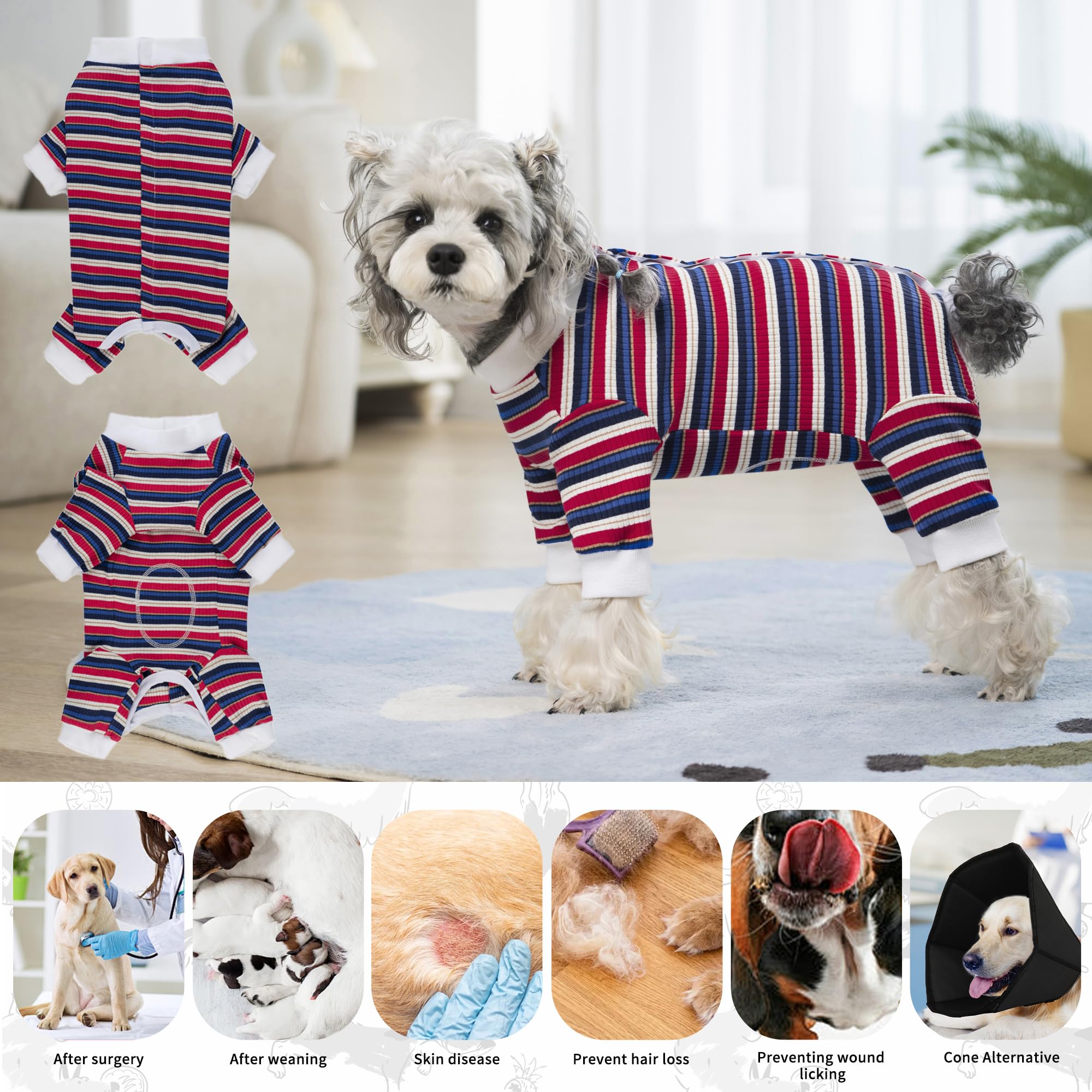 Body Perro Post Cirugía Hembra Macho Traje de Recuperación para Perros Manga Larga a Rayas Body Post Quirurgico Cachorro Pijama Camiseta Médica Gatos Protección de Heridas, Azul-Rojo L