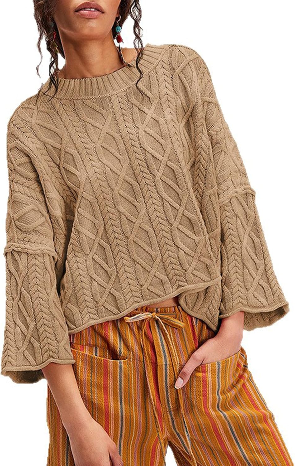 Zontroldy Women's Crewneck Lantern Sleeve Boxy Cable Knit Sweater Cropped Pullover Sweaters Jumper - Image 2