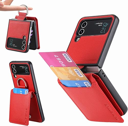 Miniatura 9 de Asuwish Funda de teléfono para Samsung Galaxy Z Flip 3 5G 2021 con ranura para tarjetas, funda tipo cartera y soporte de anillo, accesorios móviles