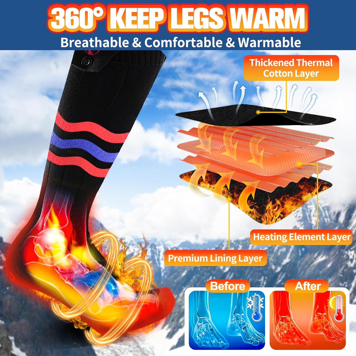 Heated Socks for Men Women, 5000mAh Rechargeable Washable Electric Socks, 3 Heating Settings 5V Battery Powered Heating Socks Up to 11 H, Heating Socks for Outdoor Work Camping Skiing Riding Hunting - Image 3