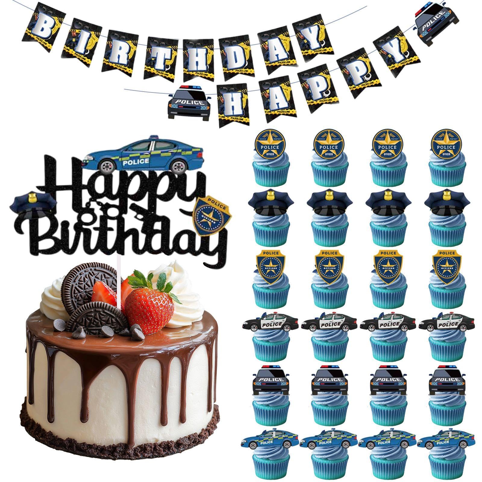 EJUFNS 25 Pieces Of Police Cupcake Placards, 1 Set Of Birthday Banners, Police Theme Party Decorations, Police Car Police Cake Placards, Birthday Cake Placards, Birthday Party Decorations.