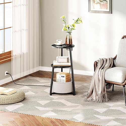 Miniatura 2 de HOOBRO Mesa auxiliar redonda pequeña con estación de carga, mesa auxiliar redonda con cesta de almacenamiento de tela, mesita de noche circular