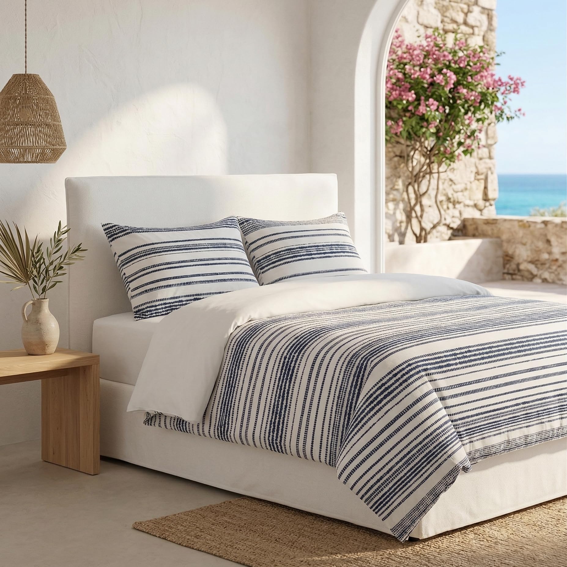 Duvet Cover Set 100% Cotton Stripes for 135/140 cm Bed, with Pillowcases, Blue, Reversible.