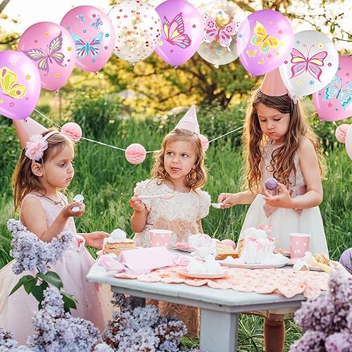 Miniatura 4 de Libima 45 globos de látex de mariposa para decoración de cumpleaños, globos de látex de hadas rosas y moradas, decoraciones para niñas, princesas,
