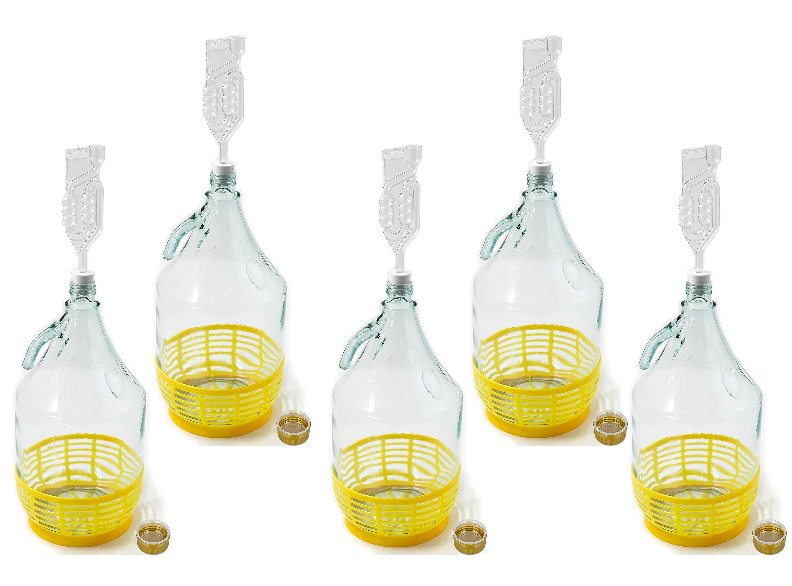 Bouteille bonbonne à col étroit avec bouchon à vis, panier de protection, sas et bouchon pour la fabrication du vin, la fermentation, le stockage des boissons, verre transparent, 5 x 5 L