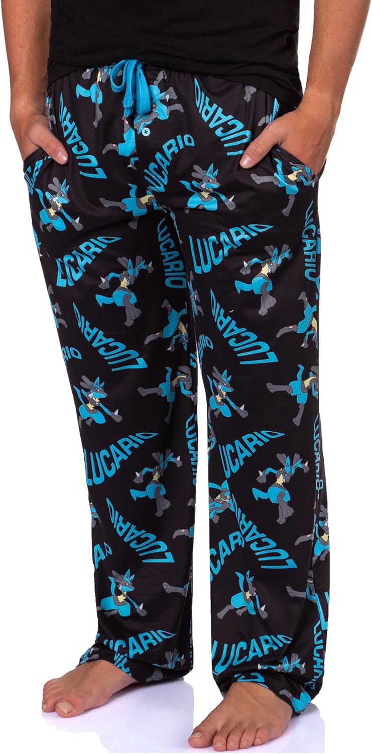 Mad Engine Pokemon Men's Lucario #0448 Fighting Poses All Over Print Adult Pajama Pants Sleep Lounge Bottoms
