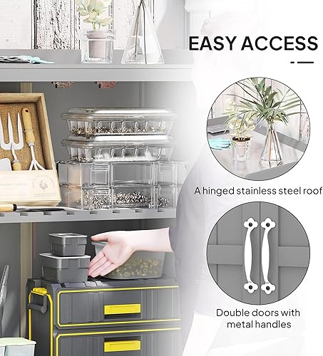 Miniatura 4 de Outsunny Armario de almacenamiento al aire libre, cobertizo de herramientas de jardín con mesa y estante de metal, banco de madera para macetas con