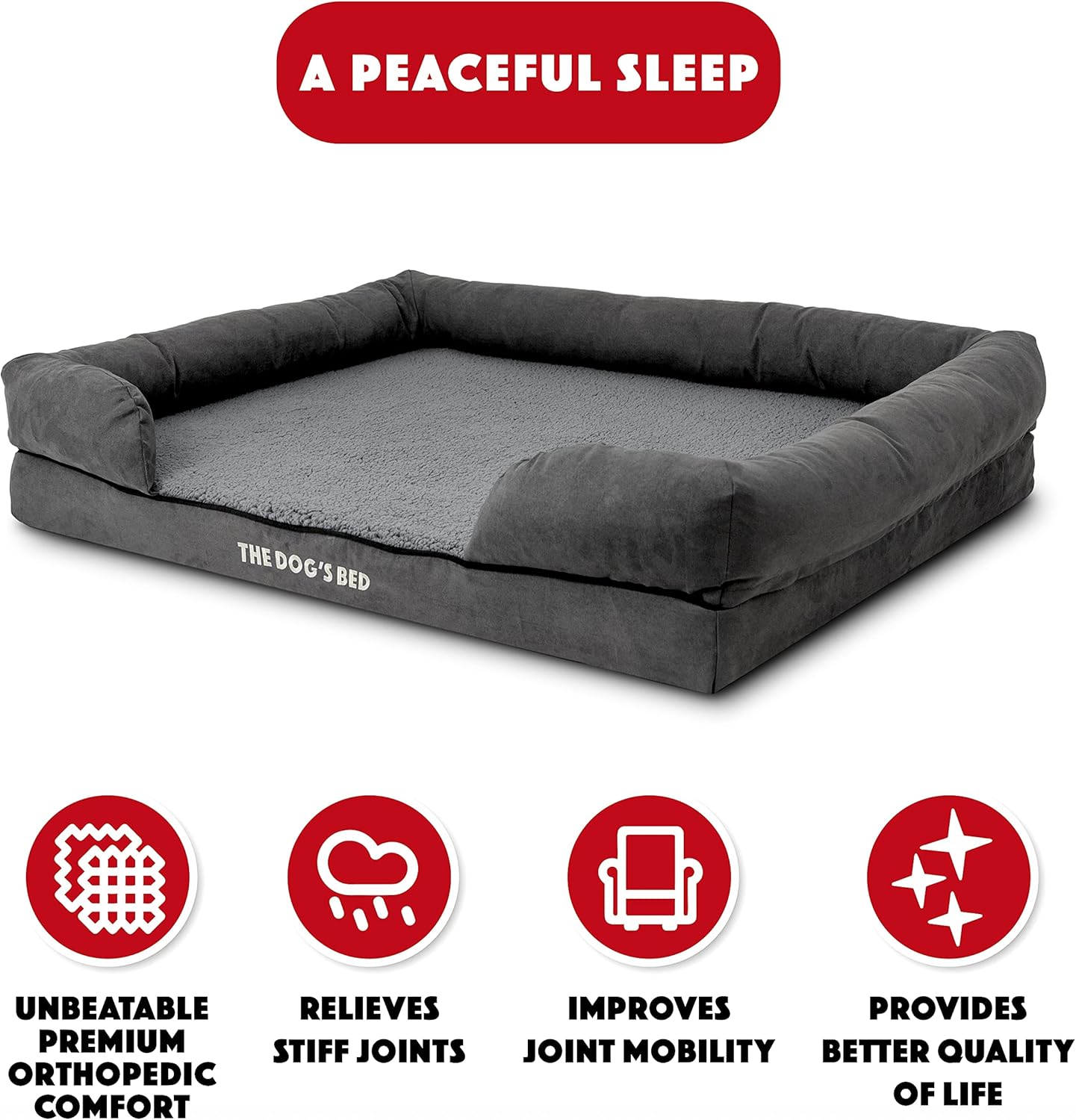 The Dog’s Bed Orthopedic Memory Foam Dog Bed with Bolsters, Plush Fabric, Grey Plush, XL