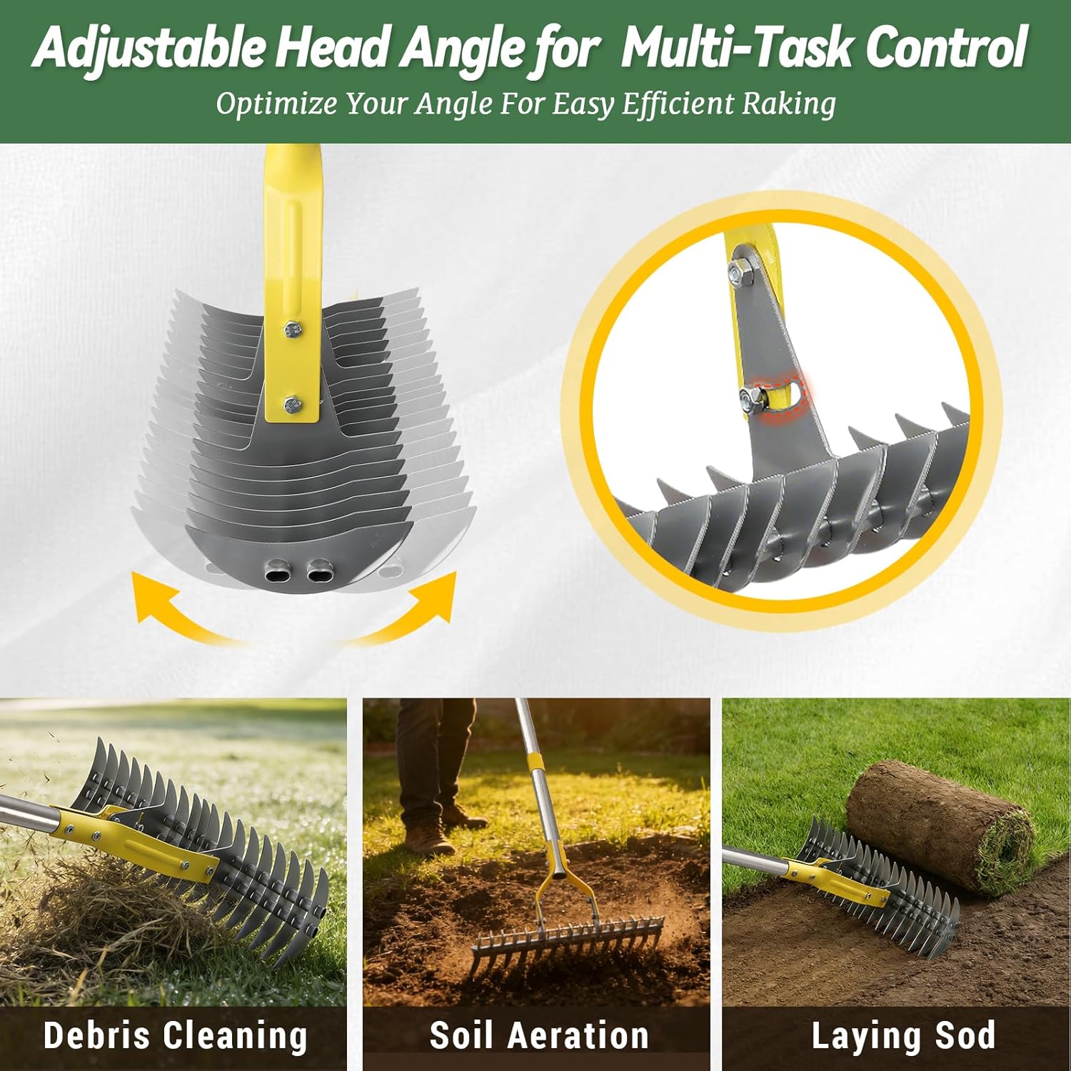 Thatch Rake, 15-Inch Wide Manual Dethatcher Rake for Cleaning Dead Grass, Loosening Soil, Efficient Stainless Steel Dethatching Rake with Long Adjustable Handle, Thatch Rakes for Lawns, Yard, Garden