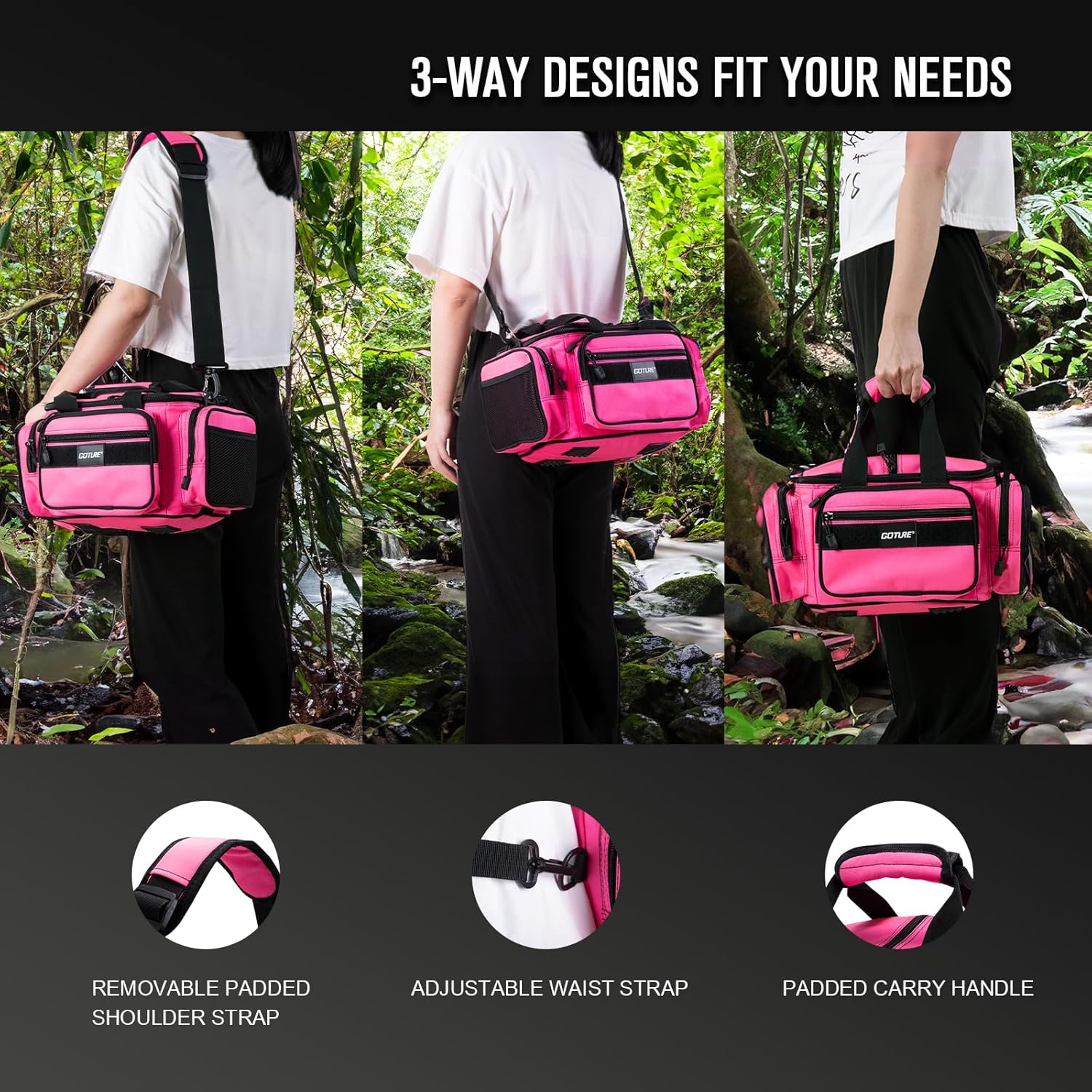 Goture Fishing Tackle Bag, 600D Water-Resistant Soft Side Crossbody Sling Bag for Women,Small Gear Storage Tactical Bags for Saltwater & Freshwater,Fits 3 3600 Tackle Boxes(Not Included)