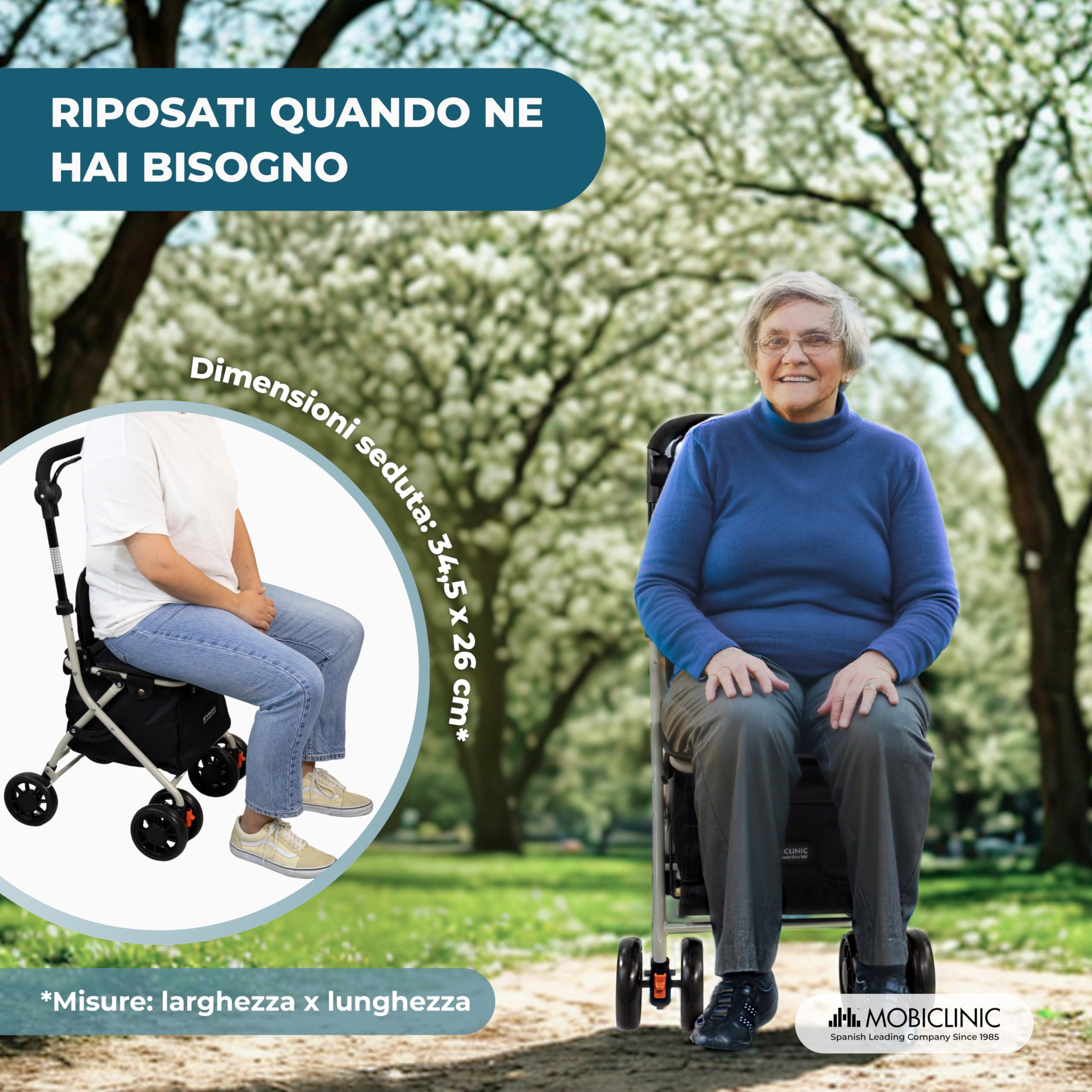 Mobiclinic®, Deambulatore pieghevole per anziani, Carrello spesa, 21 l, Modello coliseo, Marchio europeo, Con borsa della e freni, Sedile imbottito, Monoleva, Acciaio