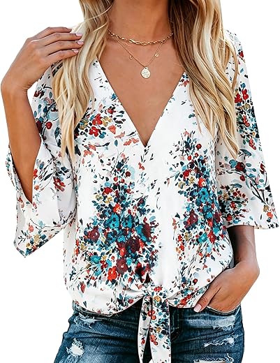 Bluetime Womens Summer Tops Boho 3/4 Sleeve V Neck Tie Front Shirts Casual Floral Blouses