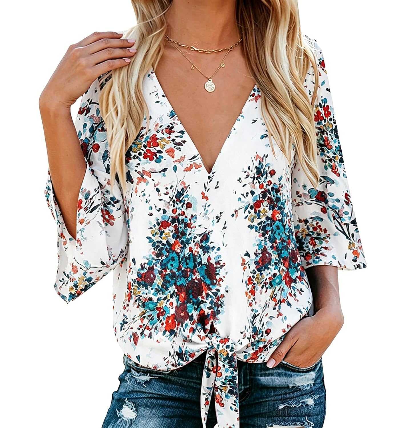 Bluetime Womens Summer Tops Boho 3/4 Sleeve V Neck Tie Front Shirts Casual Floral Blouses - Review, Price and Buying Guide
