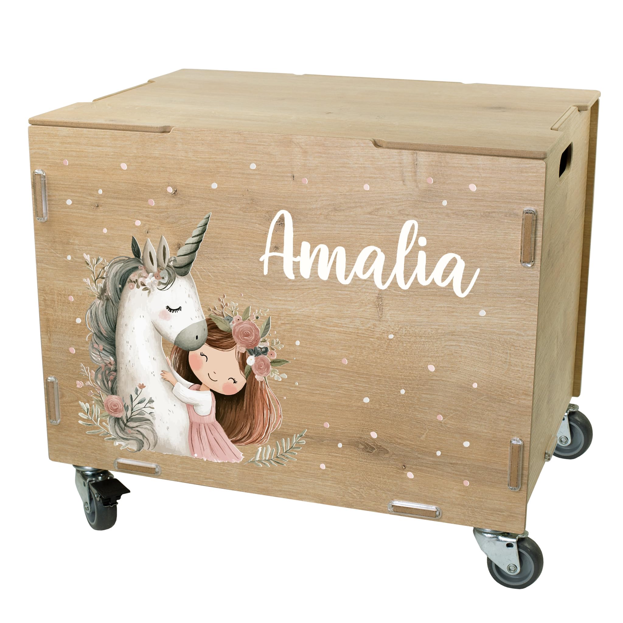 Striefchen® clipfritz Rollbox personalisiert mit Name – Personalisierbare Aufbewahrungsbox mit Rollen & Deckel – Spielzeugkiste aus Holz als Geschenk für Kinder (Einhorn)