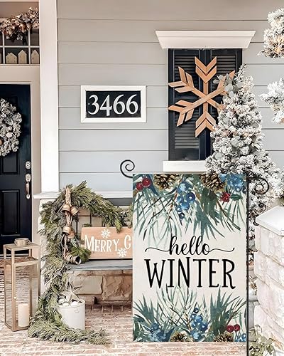 Miniatura 2 de Banderas verticales de jardín de 12 x 18 pulgadas con texto en inglés Hello Winter de doble cara, ramitas de pino para exteriores, decoración