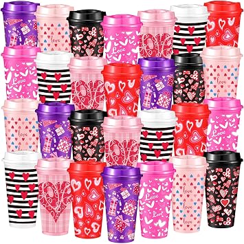 Pickmesh 28 Pack Valentines Day Coffee Cups Gift Bulk for Women Teachers 16 oz Reusable Valentine Coffee Mugs with Lid Red Heart Plastic Tumblers Thank You Mug for Hot and Cold Drinks