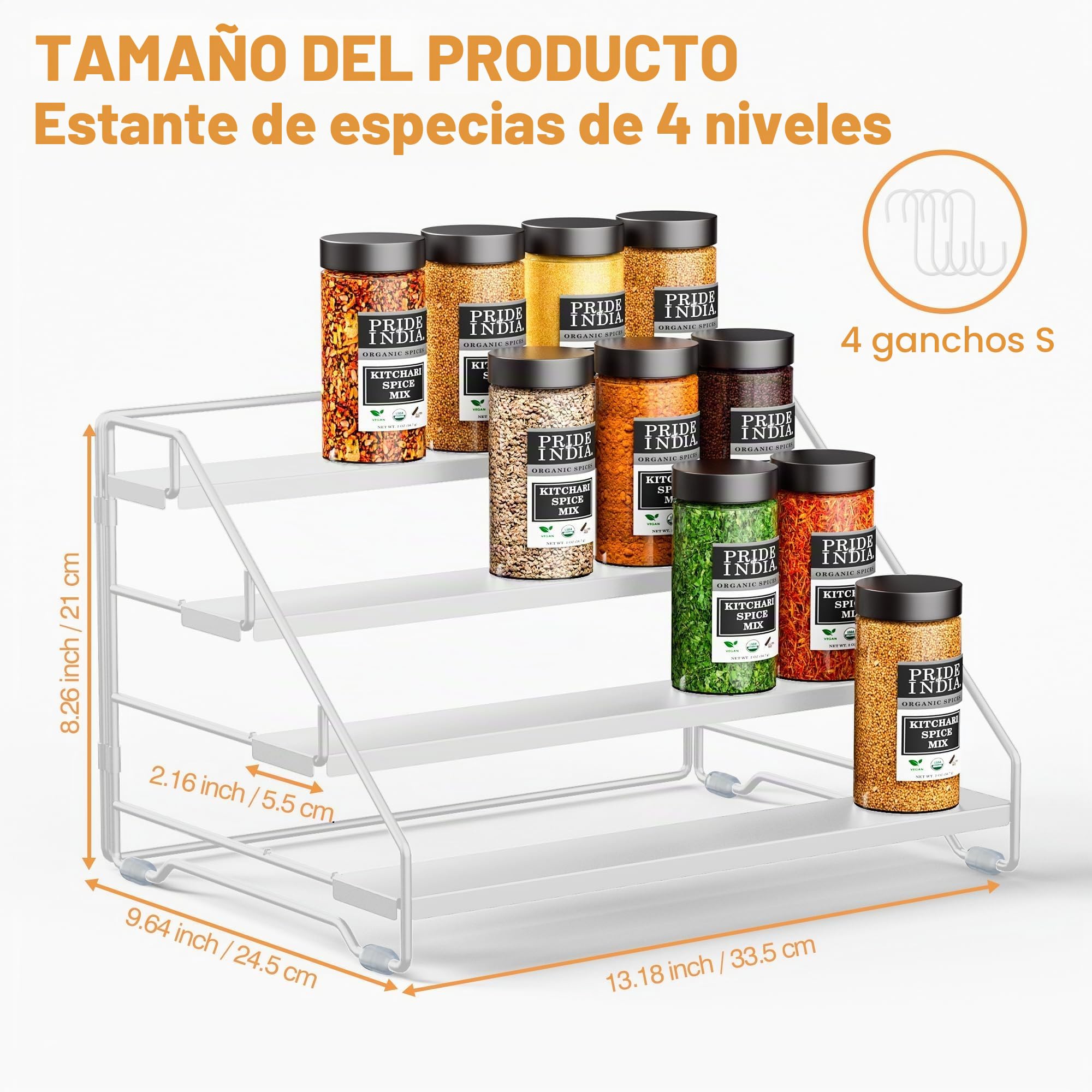 Gucass Organizador de Especias Estante de Cocina de 4 Niveles en Metal, Ajustable Estante Cocina Para Mostrador, Spice Rack de Almacenamiento, Para Comedor, Baño, Dormitorio, Oficina(Blanco)
