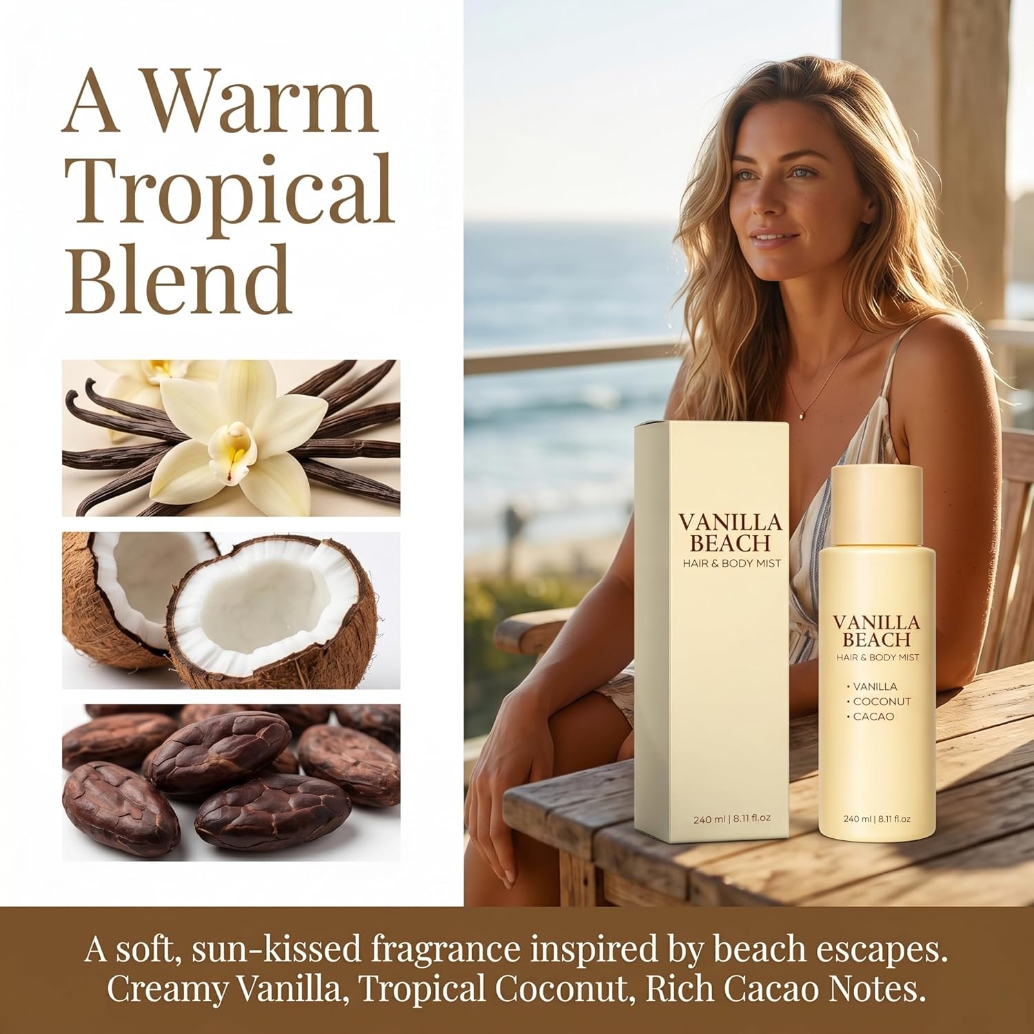 Vanilla Beach Hair and Body Mist - Warm Vanilla Coconut Fragrance Spray, Lightweight Refreshing Mist for Hair & Skin, Long-Lasting Tropical Scent, Summer Beach-Inspired Body Spray - 8.11 fl oz