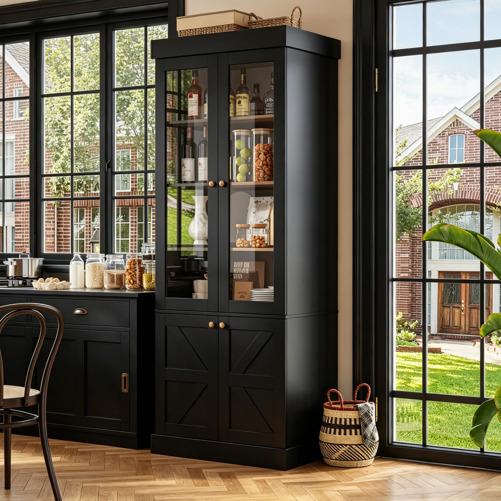 Vyre 71" Tall Farmhouse Kitchen Pantry, Large Storage Cabinets with Glass Doors, Adjustable Shelves, Wood Versatile Hutch Cabinet for Living Room, Dining Room, Kitchen, Black