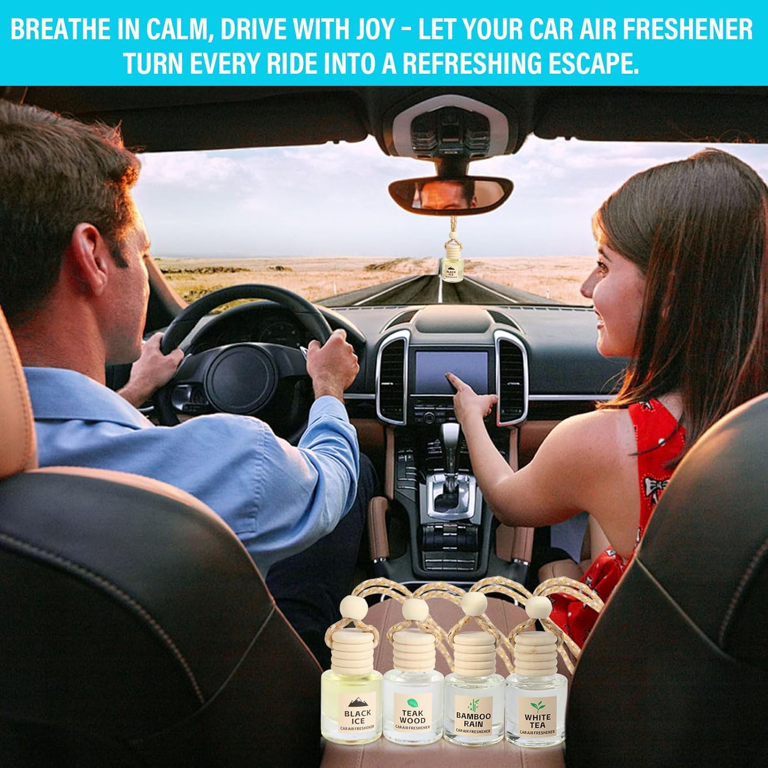 Car Air Freshener Oil Diffuser (4 Scents) & 100% Natural White Tea Essential Oil Refill for Home & Office