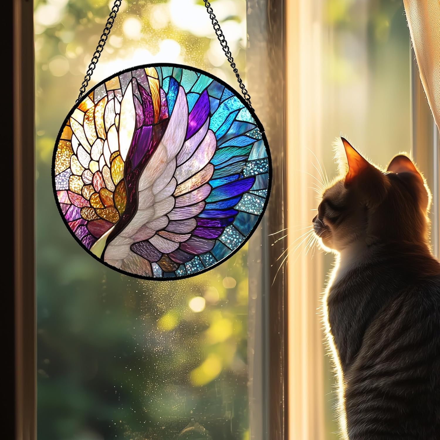 Stained Glass Window Hanging Colorful Bird Wings Feathers Large 15" - Abstract Suncatcher Door Garden Sun Catcher Decor Birthday Christmas for Mom Woman Friend Men
