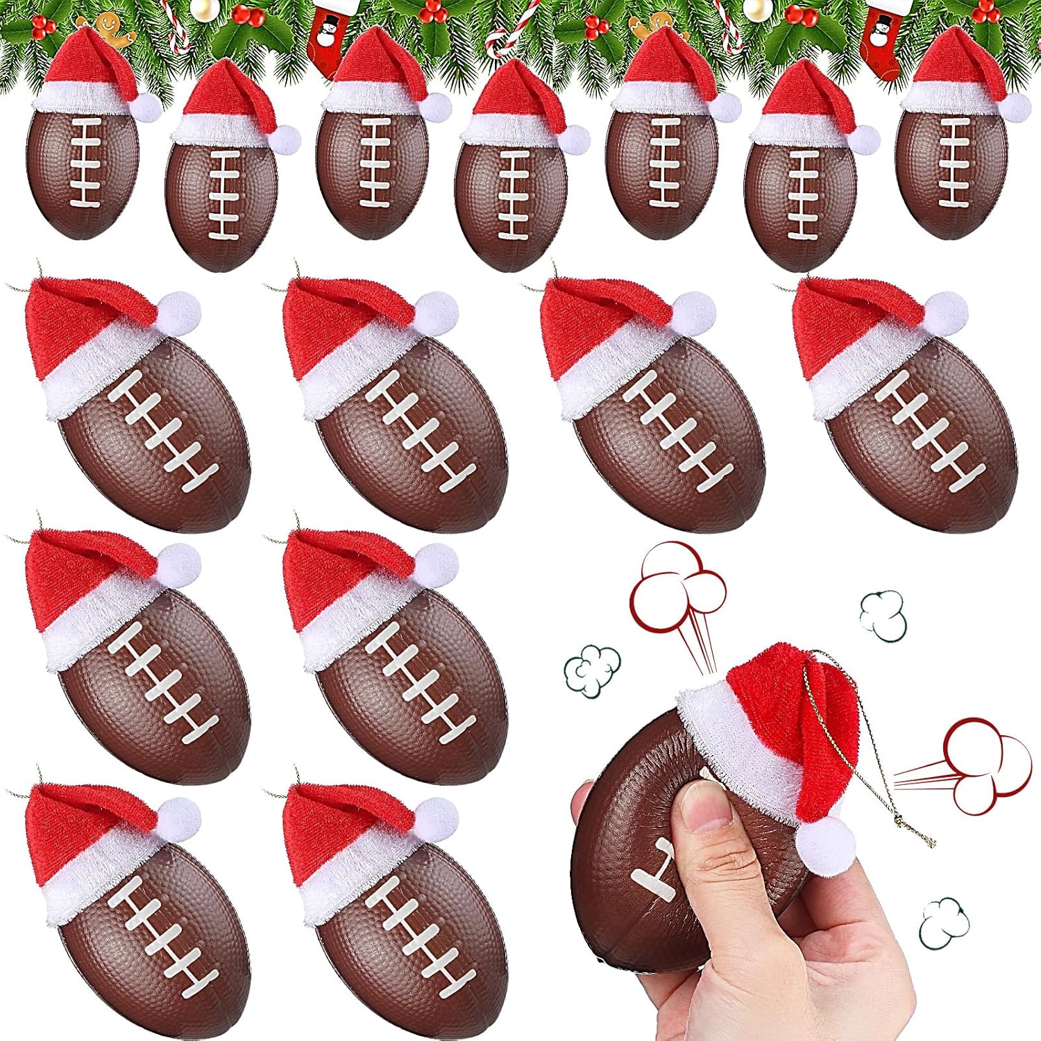 Leyndo 12 Pcs Sport Balls Christmas Ornaments Bulk Basketball Football Ornaments with Removable Santa Hat for Christmas Tree Decorations Xmas Tree Hanging for Party Gift Filler (Football)