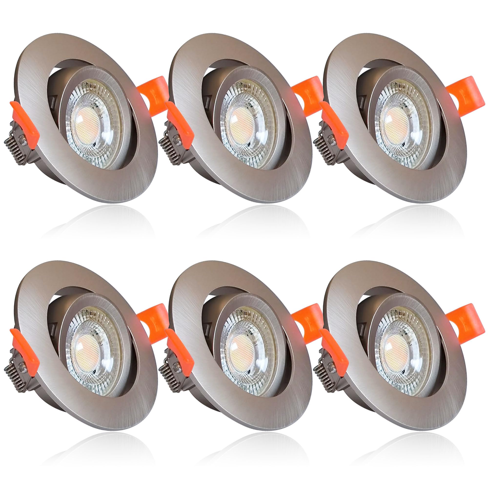 Maxkomfort 6er Set LED Einbaustrahler 230V Ultraflach, 3 Lichtfarben - 3000K/4000K/6500K, 7W Leuchtmittel austauschbar, Deckenspots IP20 silber, Einbauspots Ø85mm