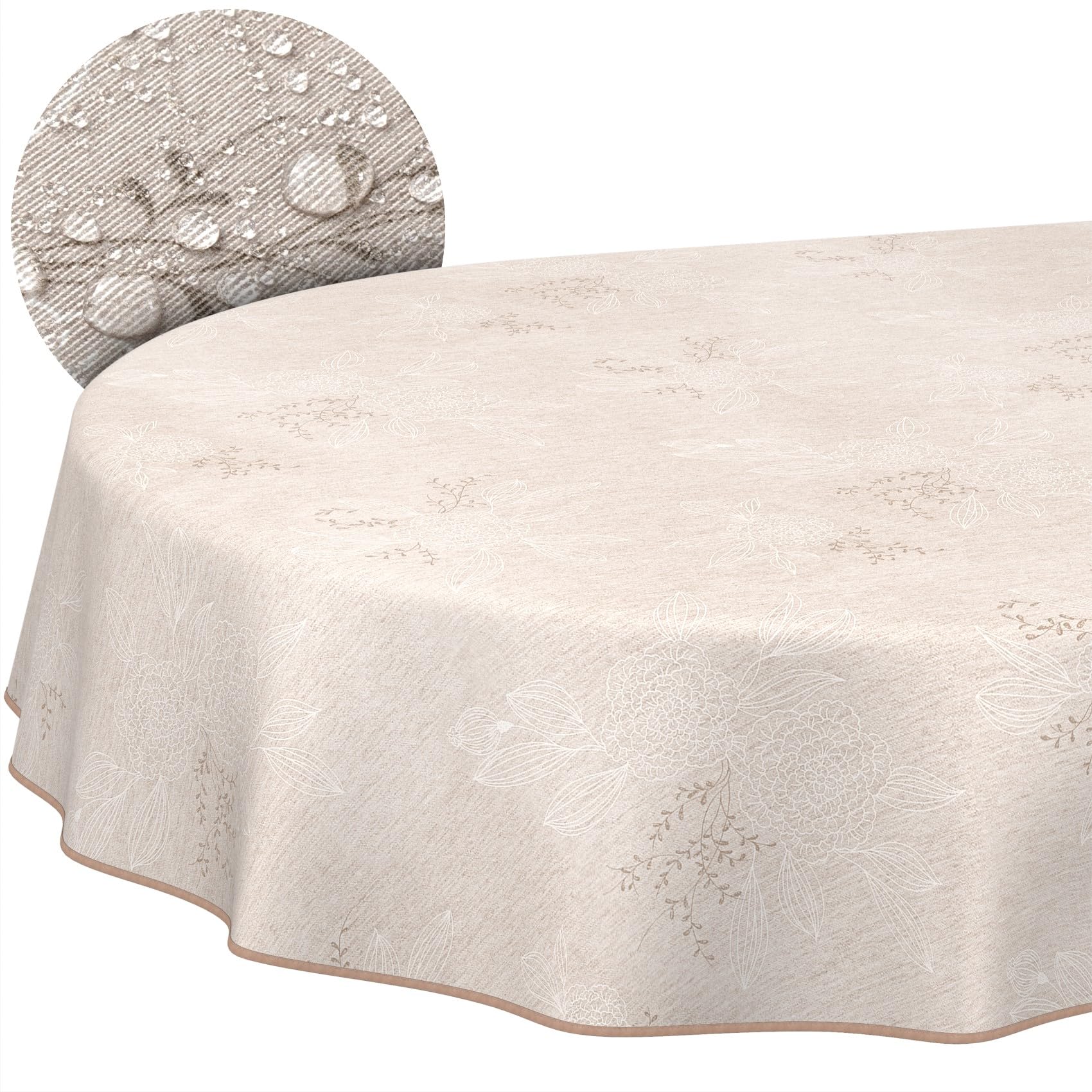 ANRO Tischdecke abwaschbar Japondi Beige mit Saum oval 220x140 cm