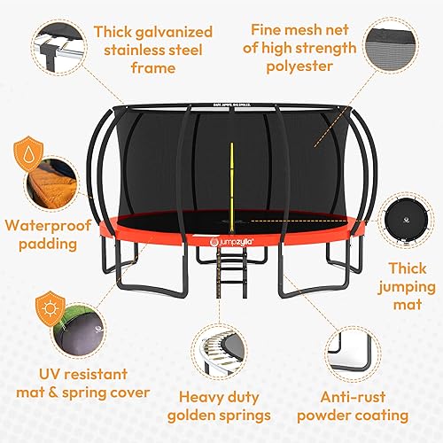 Miniatura 88 de Jumpzylla - Cama elástica recreativa para niños, con red de seguridad, escalera y revestimiento antioxidante, de 8, 10, 12, 14, 15 y 16 pies