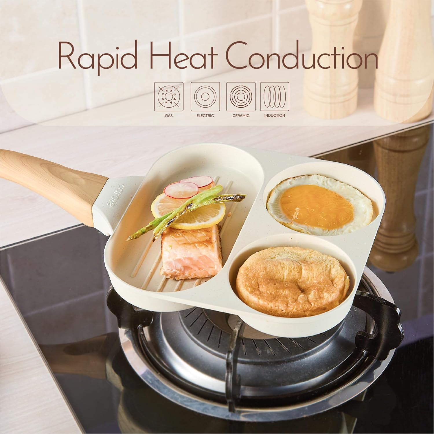 CAROTE Egg Pan Omelette Pan, 3-In-1 Divided Nonstick Grill Pan, Pancake Pan and Healthy Egg CookerSuitable for Gas Stove & Induction Cookware, White Granite