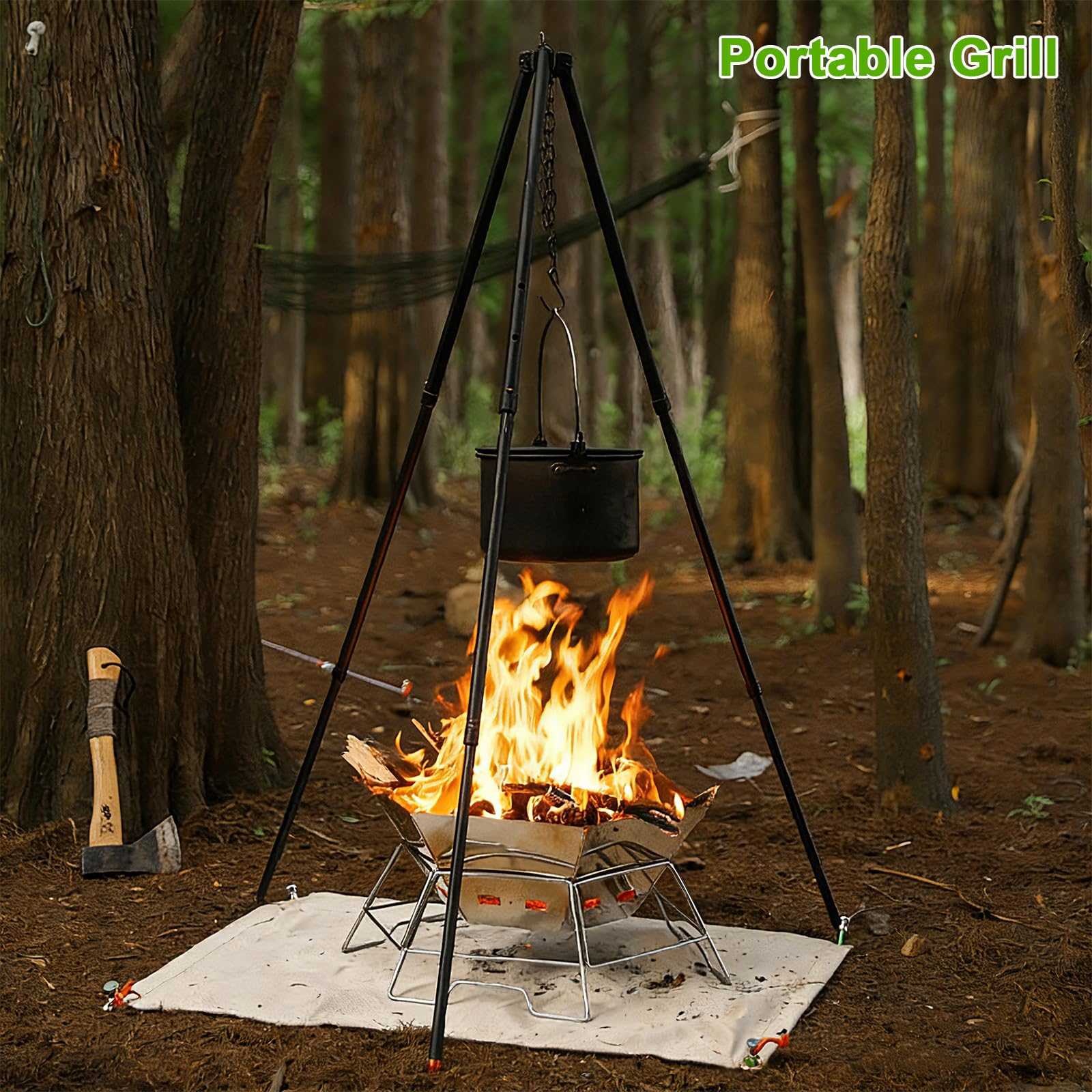 Schwenkgrill 5 Höhenverstellbare Einstellungen, Aluminiumlegierung Dreibein Grillgestell, Hängegrill mit Kette und Tragetasche, 122cm Tripod Grill Stand für Outdoor BBQ Camping