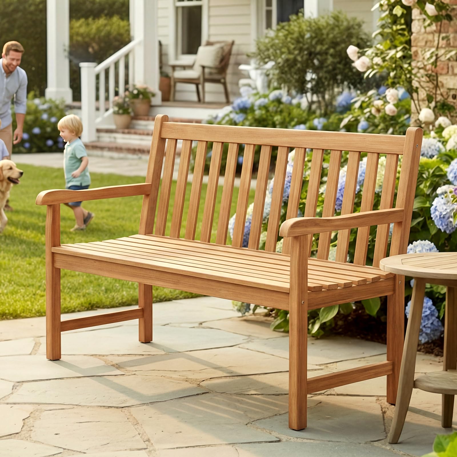 Tangkula 51" Teak Wood Outdoor Bench, 2-Person Solid Wood Garden Patio Bench with Backrest and Armrests, Wooden Loveseat Seating Furniture for Porch, Balcony, Backyard and Deck