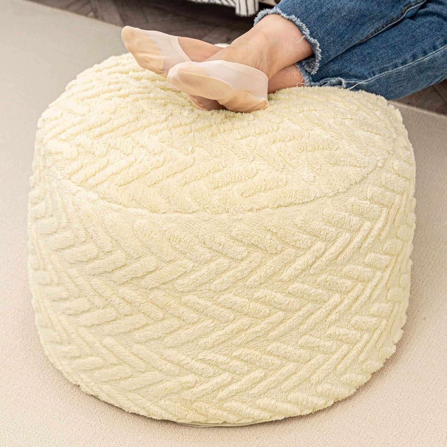 Boucle Pouf Ottoman and Foot Rest 20 x 20 x 14 Inches Floor Pouf Boho Pouf Foot Stool Home Decor for Couch Sofa Bean Bag Chairs Ivory