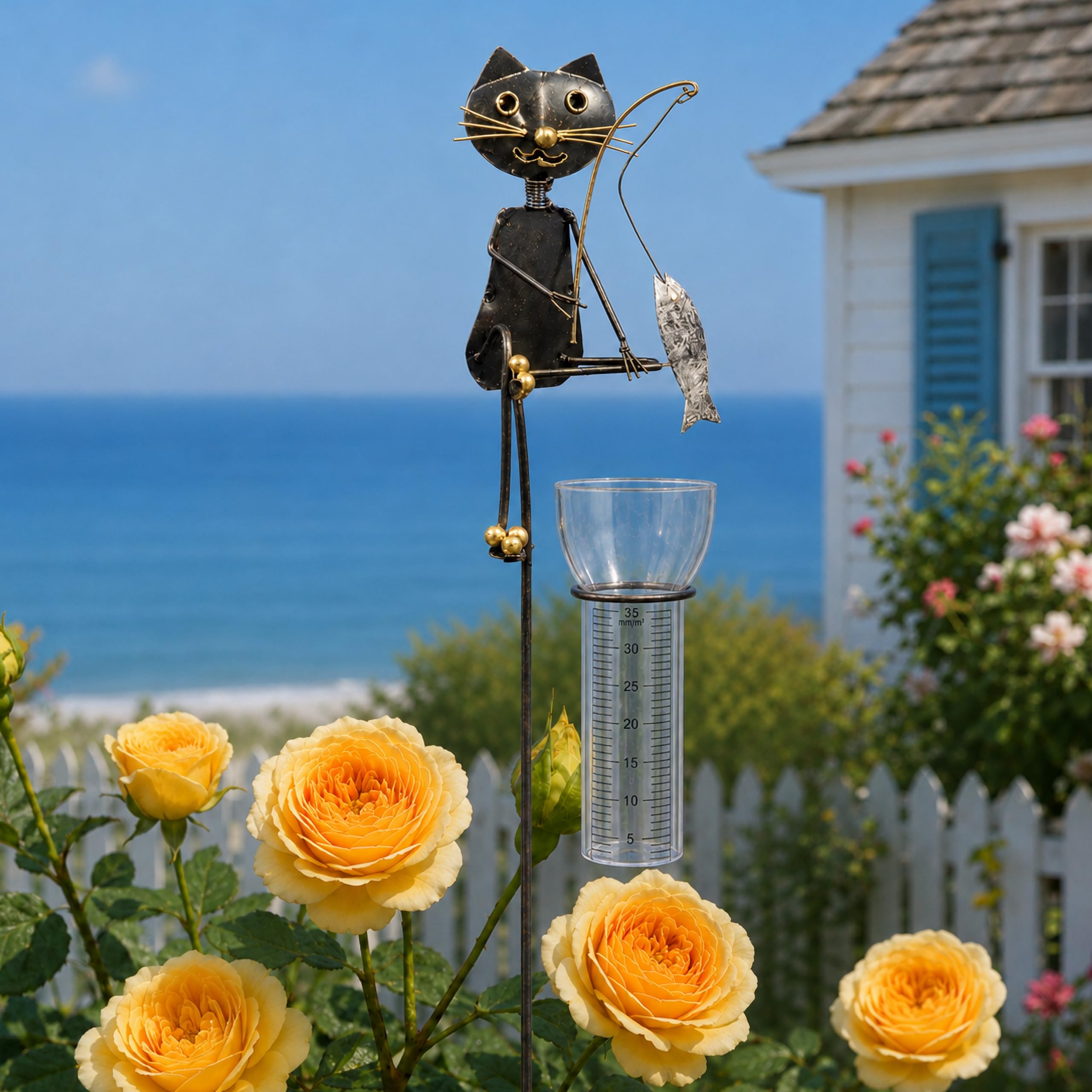 Pommerntraum ®| Regenmesser Ombrometer Katzen Gartendekoration Geschenkidee | Niederschlagsmesser Pluviometer Gartendeko Gartenstecker Katzenfigur Gartenfigur Gartenaccessoires (Katze Kater angelt Fisch)