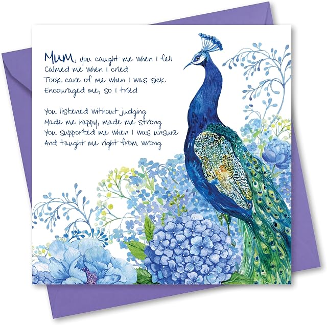 Absolutely Yours Mothers Day Card for Mum. Peacock Design with matching Envelope. 150x150mm. Ecofriendly. Printed and Packed in UK