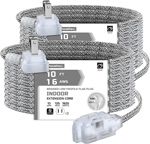 AWLETEC - Paquete de 2 cables de extensión de 3 salidas, cable trenzado de 10 pies, 3 salidas polarizadas con tapa de seguridad para oficina en
