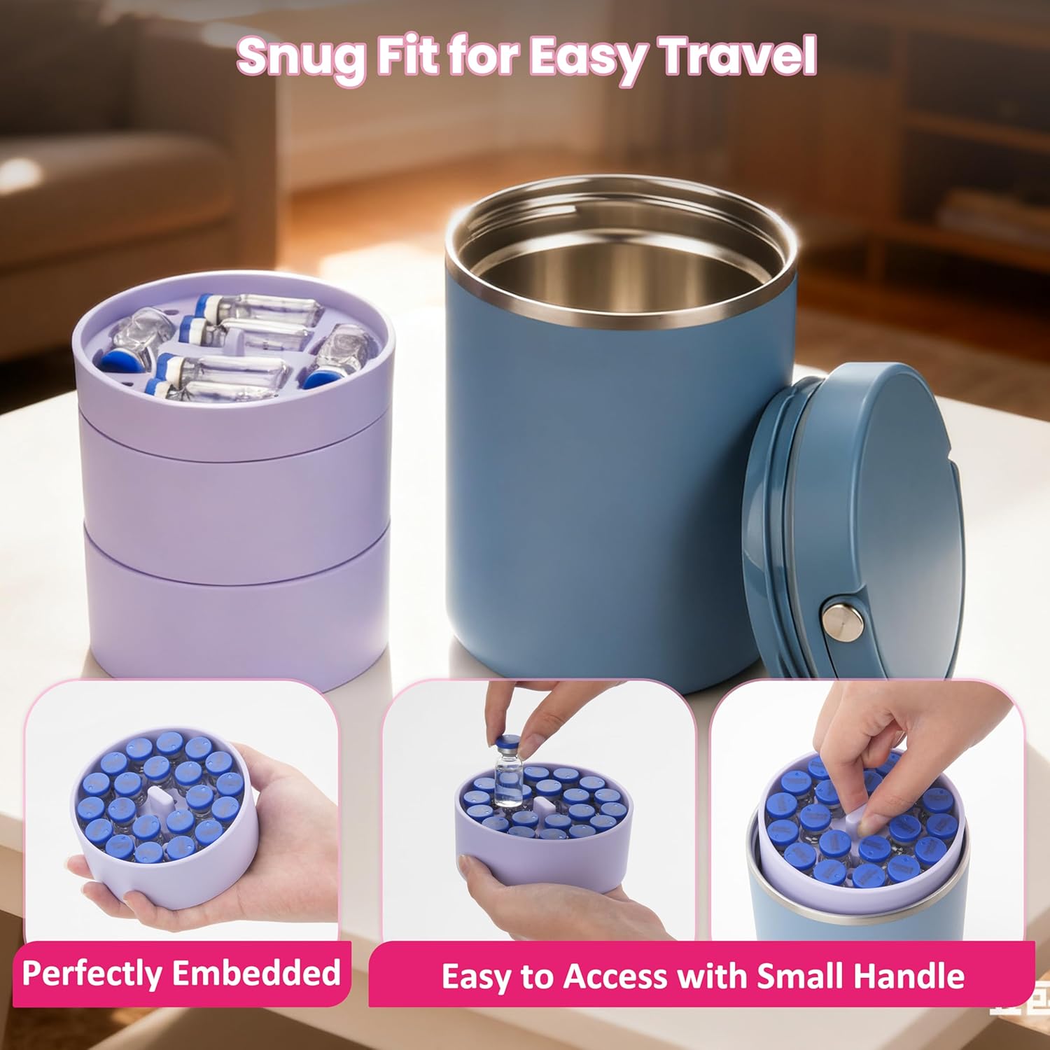 Silicone 3ml Vial Insert Set Compatible with 32/25/18oz Hydrapeak Food Jar, Insert Peptide Storage for 3ml Vial (16.5×39mm), Freezer/Fridge/Travel Ready (No Thermos/Vials, Purple, 1 Short +2 Tall) - Image 6