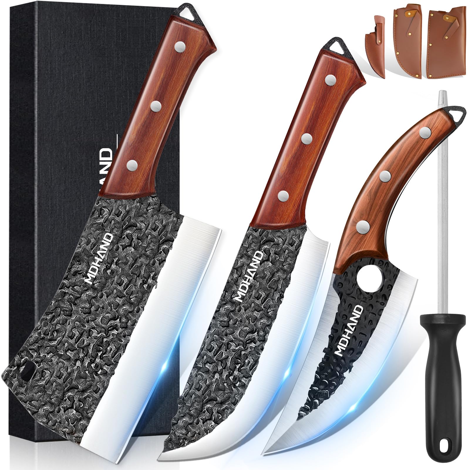 MDHAND Butcher Knife Set, 8PCS Butcher Cleaver Knife Set for Meat Cutting, Hand Forged Viking Knives Sets with Meat Cleaver, Heavy-Duty Kitchen Knives Sets for Bone BBQ Vegetable, Knives Gift for Men