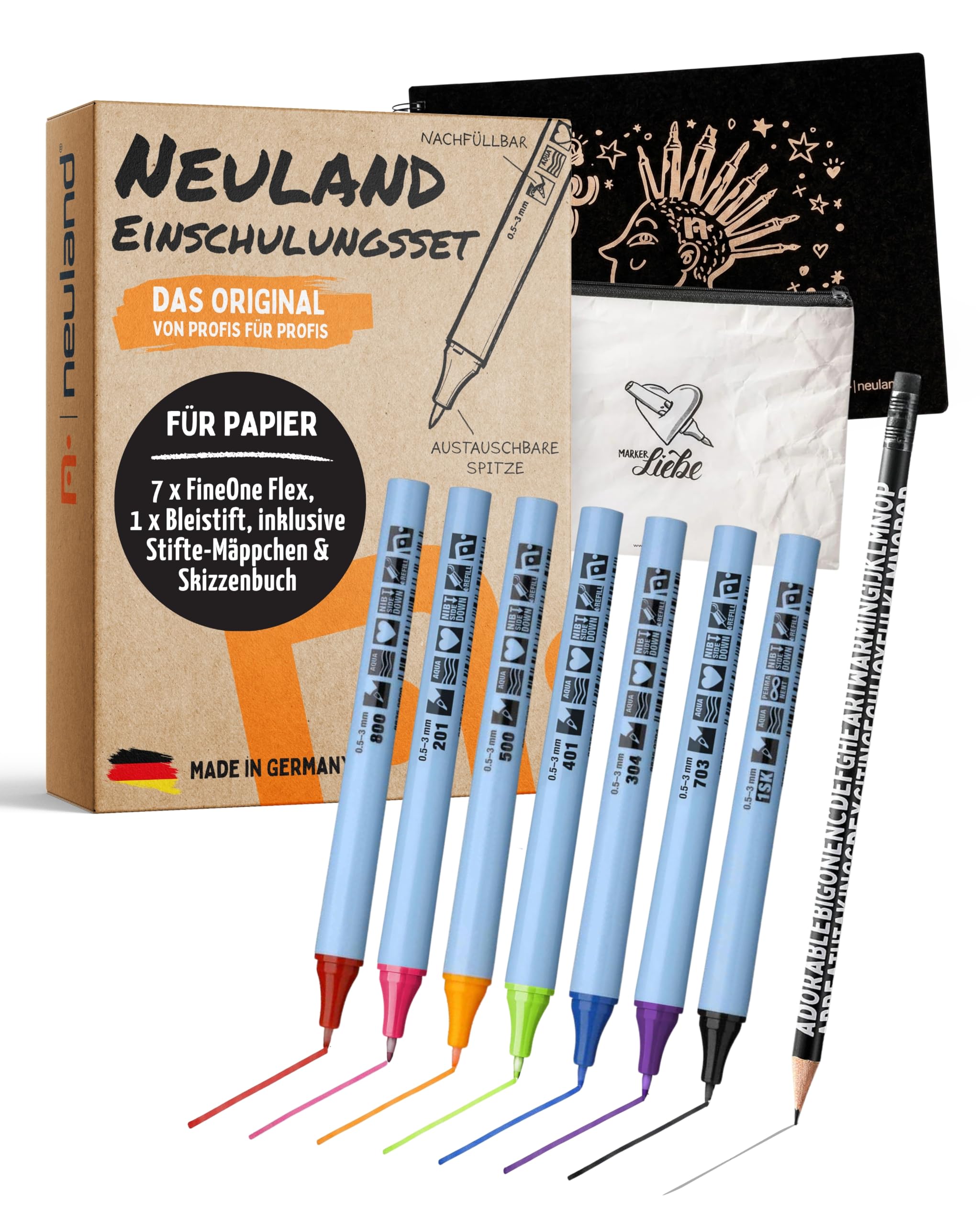 Neuland Einschulungsset I mySketchbook Skizzenbuch + PenPouch XL Federmäppchen + Bleistift & 7 FineOne Flex Marker 0,5-3 mm I Kreatives Zeichenbuch & Mäppchen Set für die Schule & Einschulung