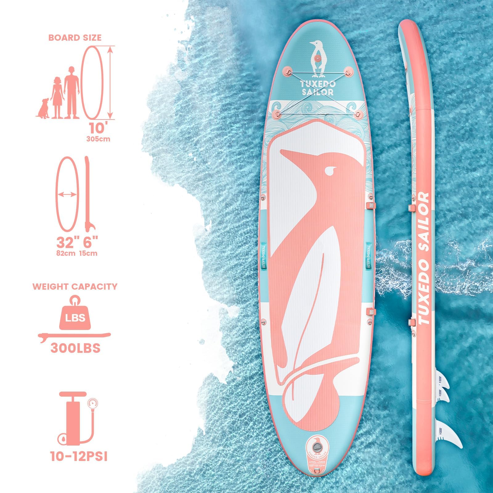 Tuxedo Sailor SUP Board Gonfiabile 335x76x15cm Stand Up Paddle Board Set con Pagaia ADJ, Pompa ad Alta Pressione, Sedile Kayak, Borsa Impermeabile, Guinzaglio, Pinna, Zaino, Tracolla, Paddle Board