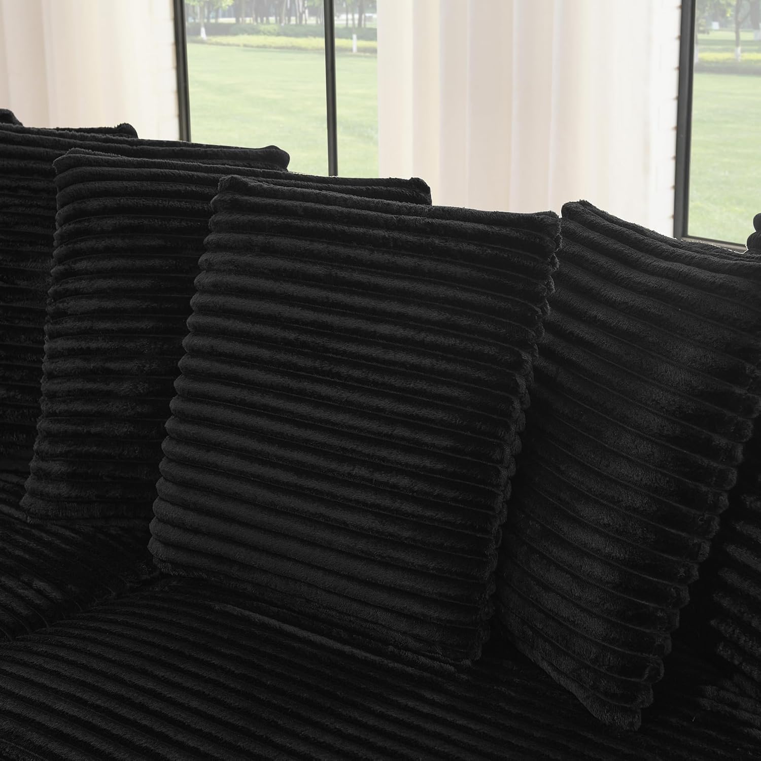 Close-up of the corduroy back cushions on the sofa