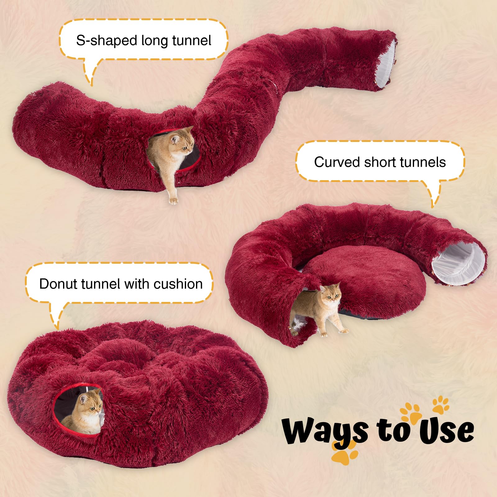Avont Cat Tunnel Bed for Indoor Cats Plush Fluffy Kitten Donut Tunnel 3 Shape to Play - Image 2