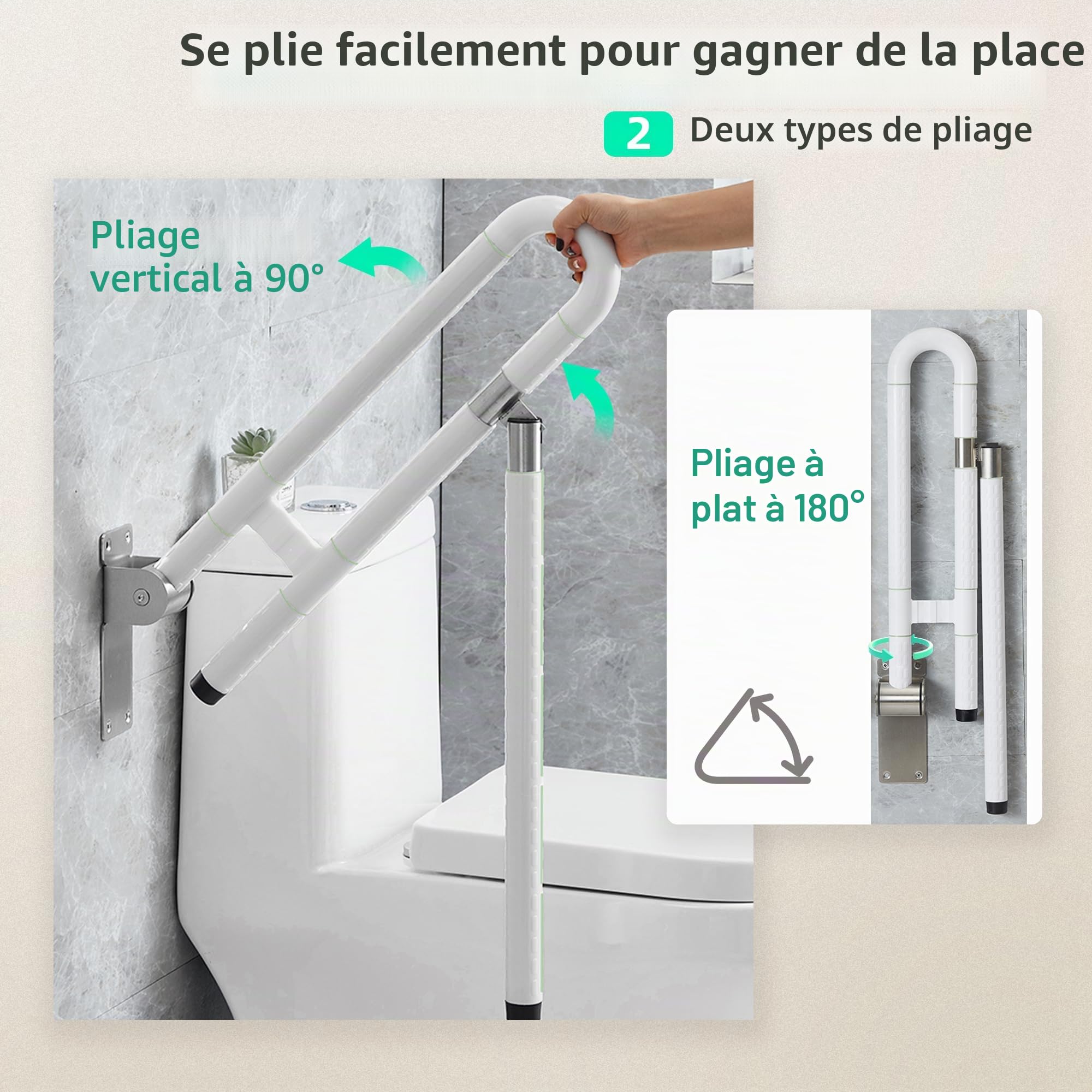 Barre Dappui Wc Handicapé,Poignée de Support Pliable Antidérapante,Acier INOX de Salle de Bain Barre de Douche Poignée de Support de Sécurité pour Personnes âgées et Enceintes 250~300 KG