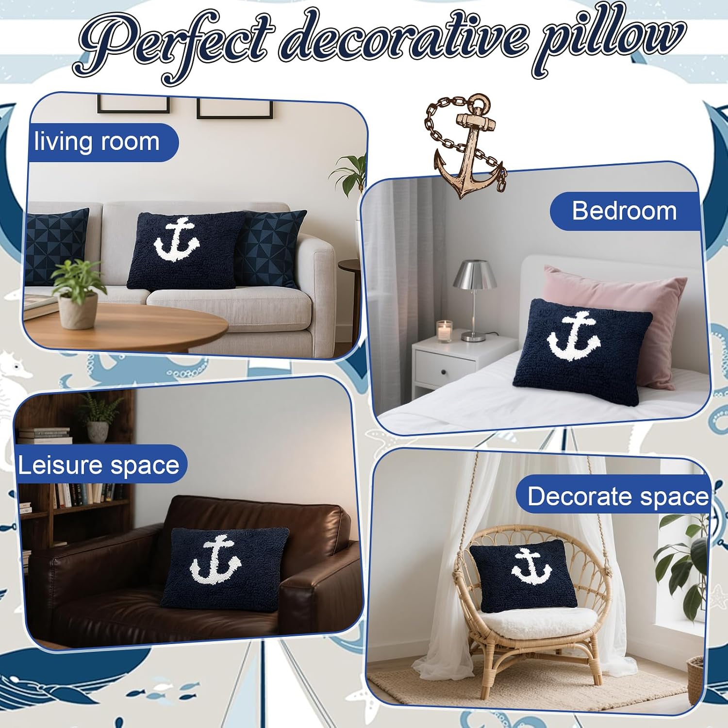 Peryiter Coastal Anchor Throw Cute Anchor Plush Pillows for Bedroom Decor Sofa Living Room Home Cushion Outdoor Party, 12 x 8 Inches