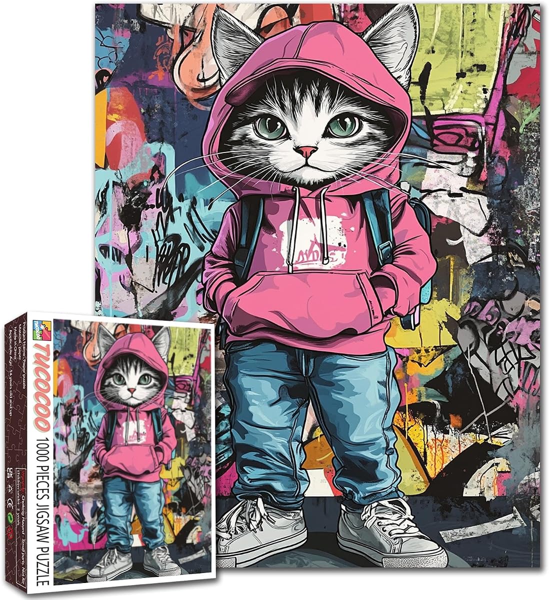 Abstract Graffiti Cat 1000 Piece Puzzle for Adults Kitten Puzzle Toys 1000 Pieces Jigsaw Puzzles Creative Colorful Animals Theme