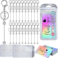 Sasylvia 60pcs Beadable Keychain Bars Bulk DIY Kit - 20 Silver Keyrings, 20 Resealable Bags, 20 Thank You Cards for Crafts & Gifts